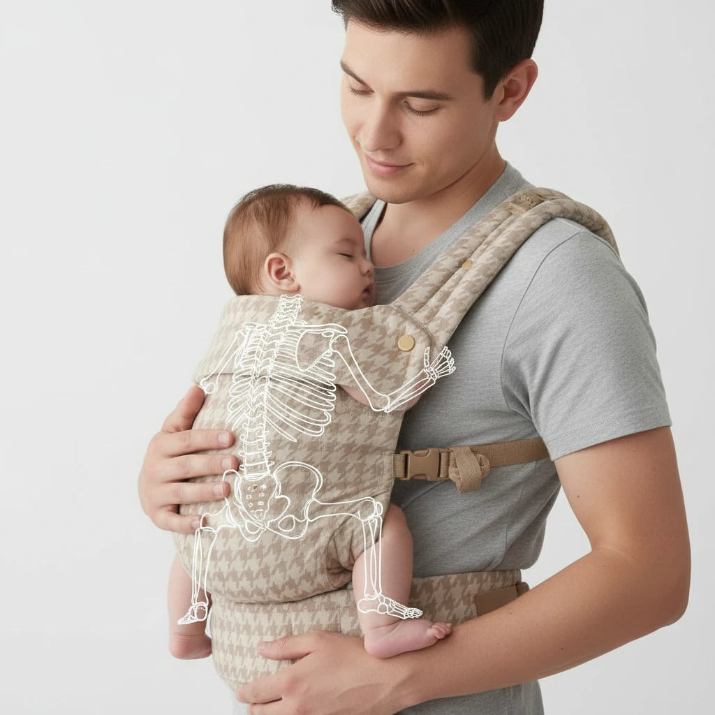 Porte-bébé ergonomique Boobo avec visualisation de la position en M pour le bon maintien des hanches de bébé