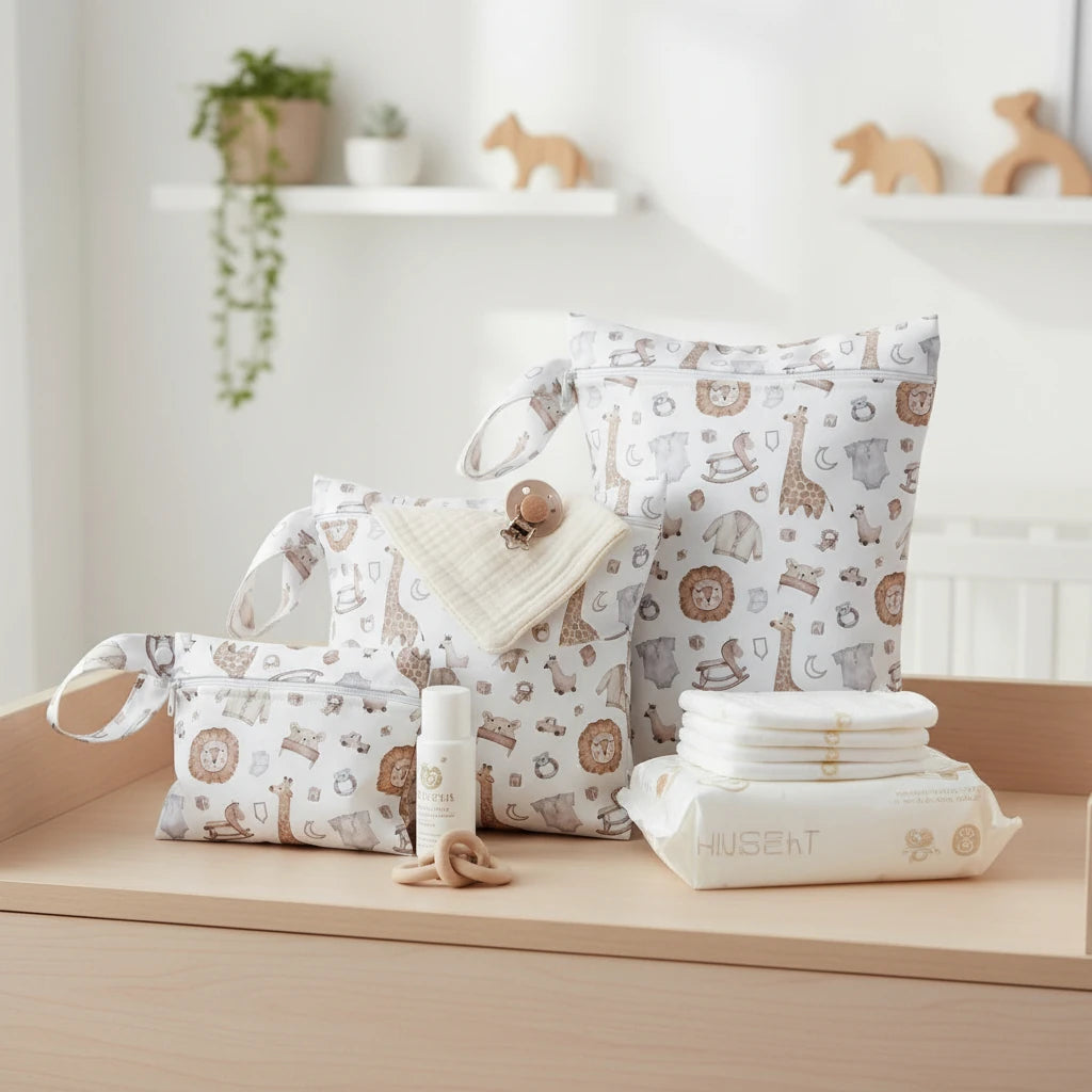 Lot de trousses de toilette bébé Boobo avec accessoires de change, rangement pratique et design doux