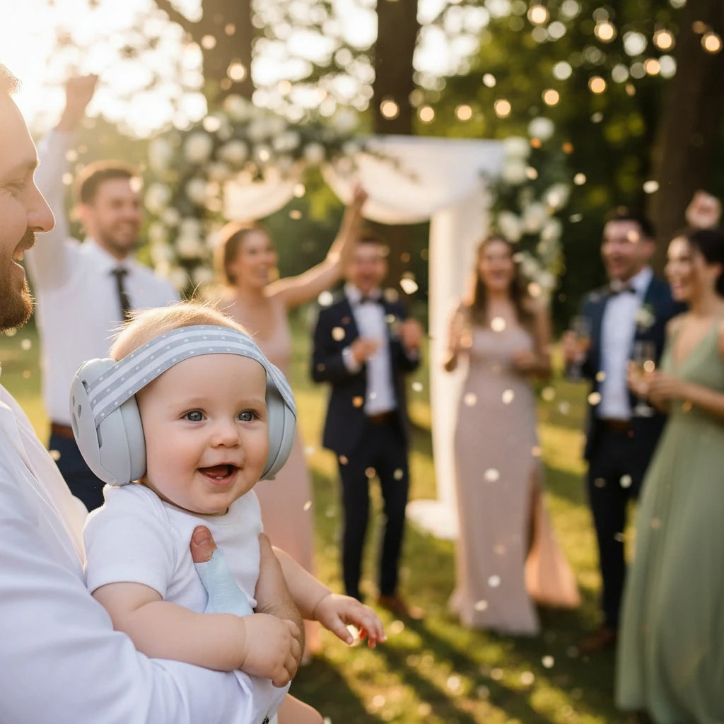 Casque antibruit bébé Boobo porté lors d’un événement bruyant pour protéger l’audition