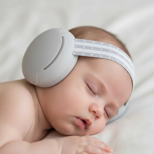 Bébé dormant paisiblement avec un casque antibruit Boobo pour réduire les bruits