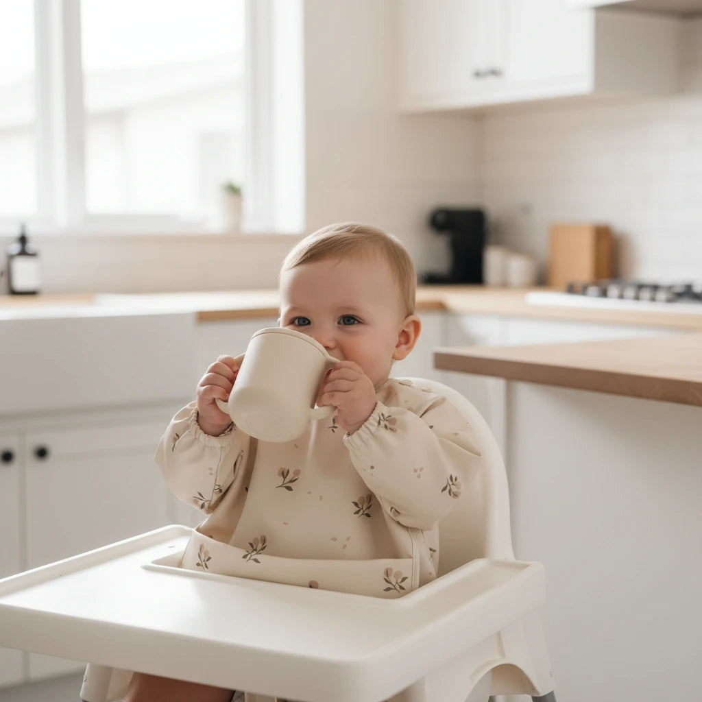 Bébé qui boit et qui utilise le bavoir manches longue motif fleuri
