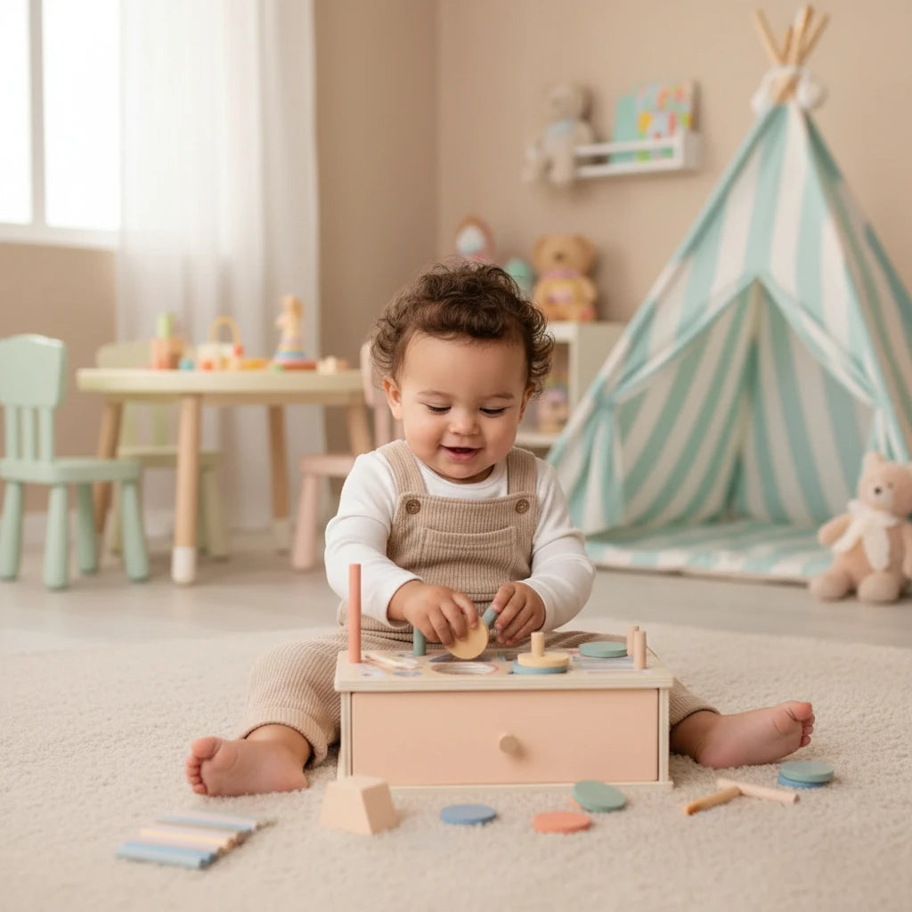 Bébé jouant avec une boîte sensorielle Montessori en bois Boobo