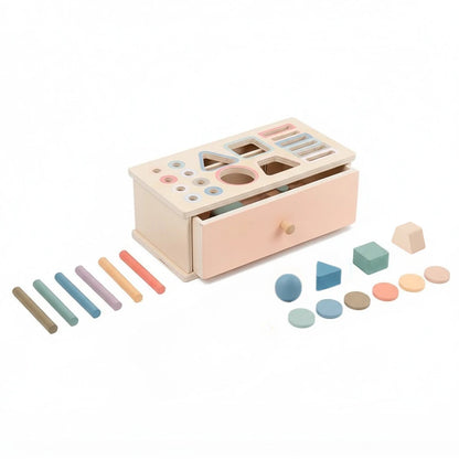 Boîte sensorielle Montessori en bois avec tiroir et formes pastel Boobo