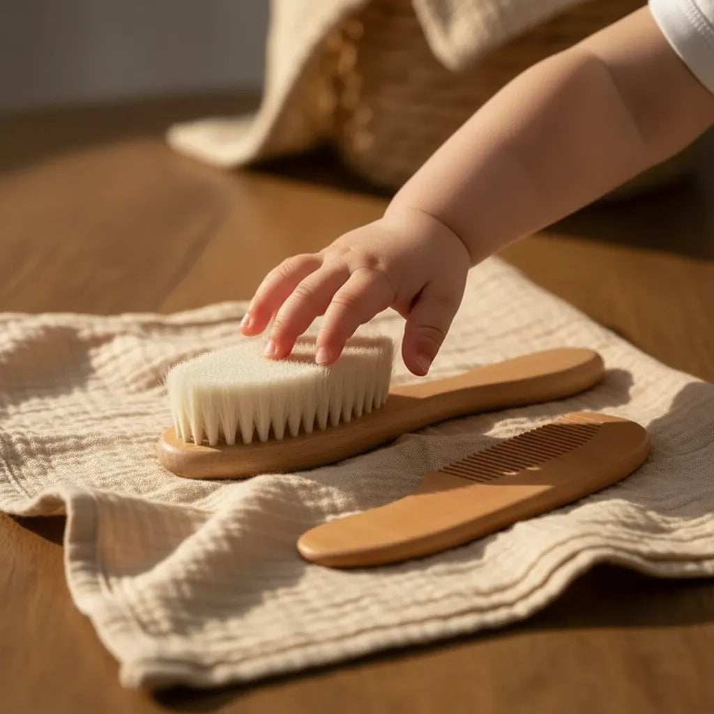 petite main de bébé qui prend la brosse