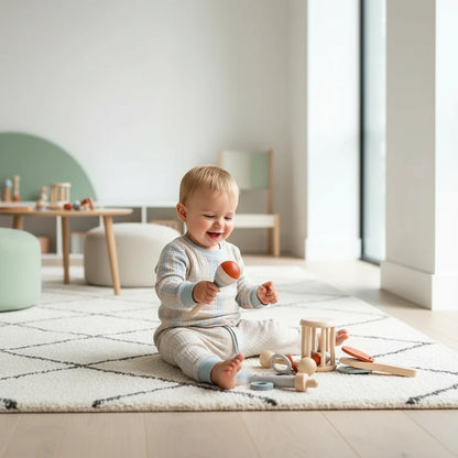 Bébé jouant avec des instruments de musique Montessori en bois Boobo
