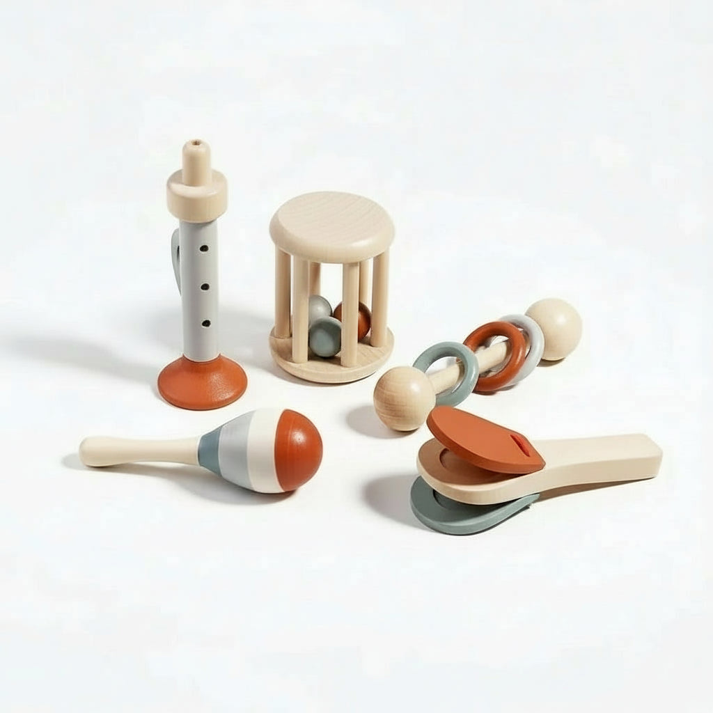 Instruments de musique Montessori en bois pour bébé Boobo – détail du coffret