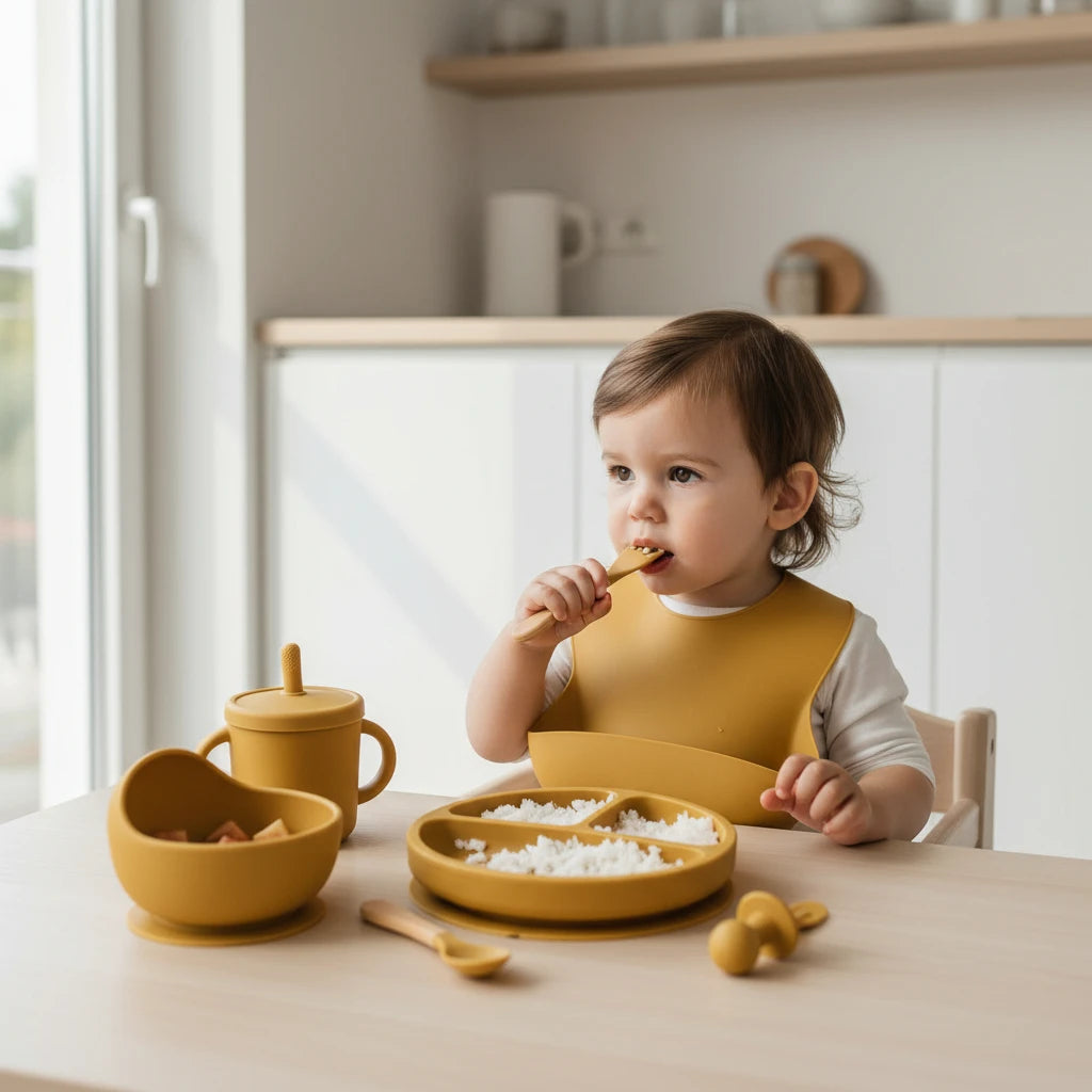 bébé qui mange et qui utilise le set de repas moutarde