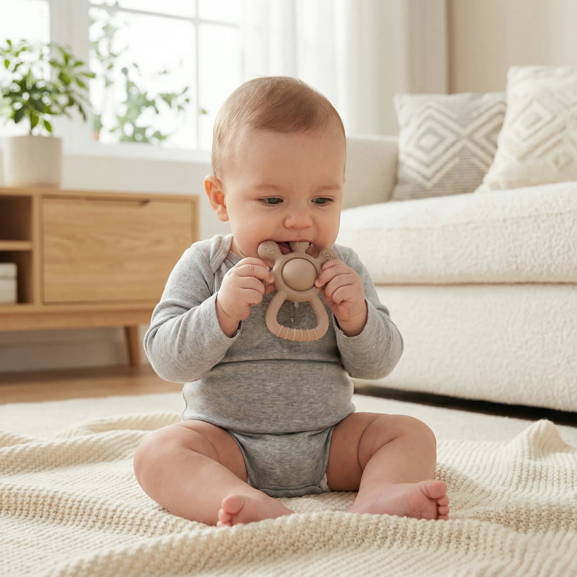 bébé qui utilise son anneau de dentition