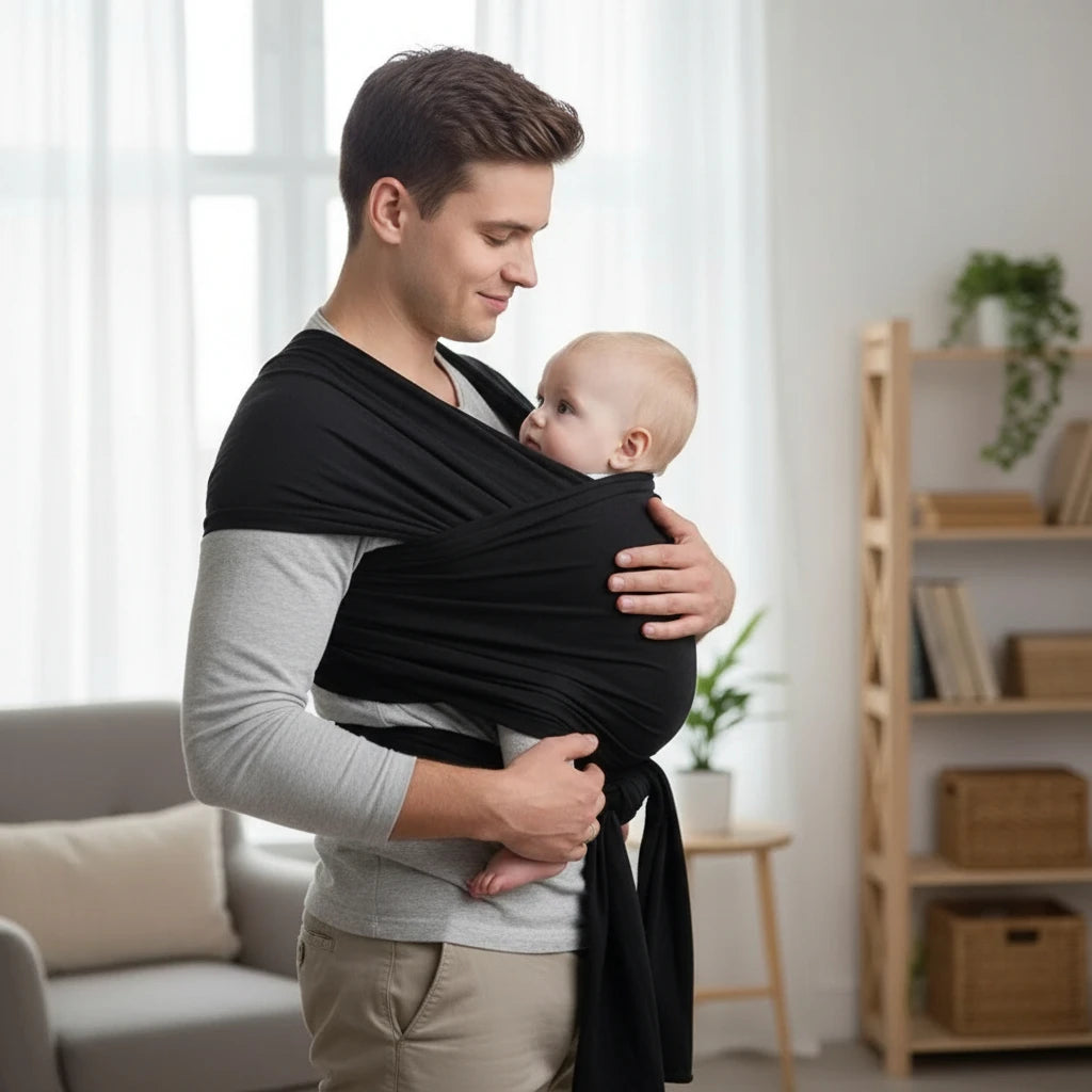 papa qui porte son bébé avec écharpe de portage noire