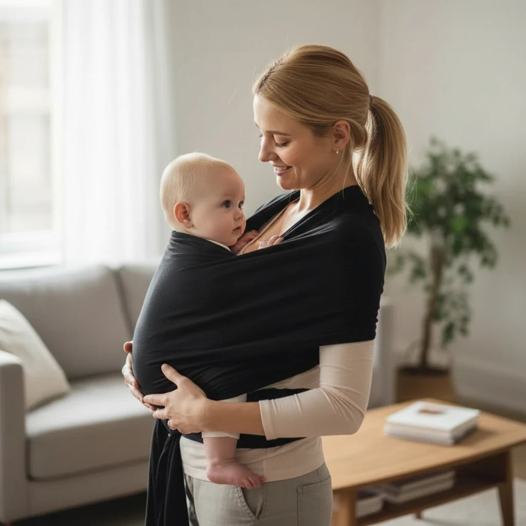 maman avec écharpe de portage noire