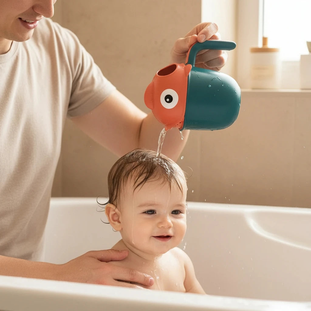 Parent lavant bébé avec le pommeau de douche Boobo pendant le bain