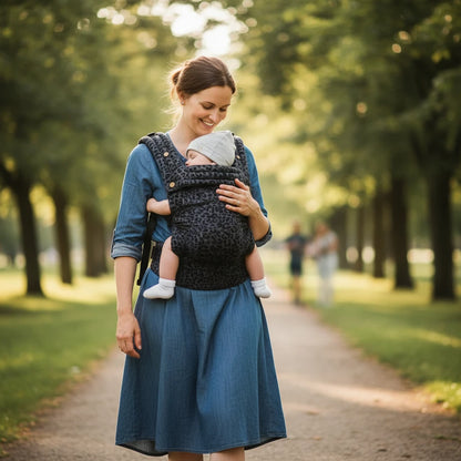 Parent portant bébé dans un porte-bébé ergonomique Boobo noir à motif léopard lors d’une promenade en extérieur