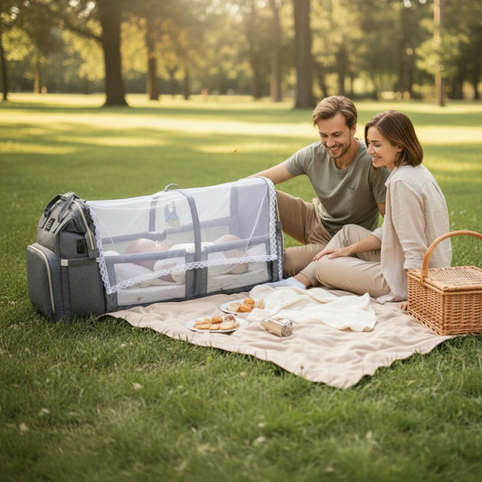 Famille qui pique nique avec bébé dans le lit