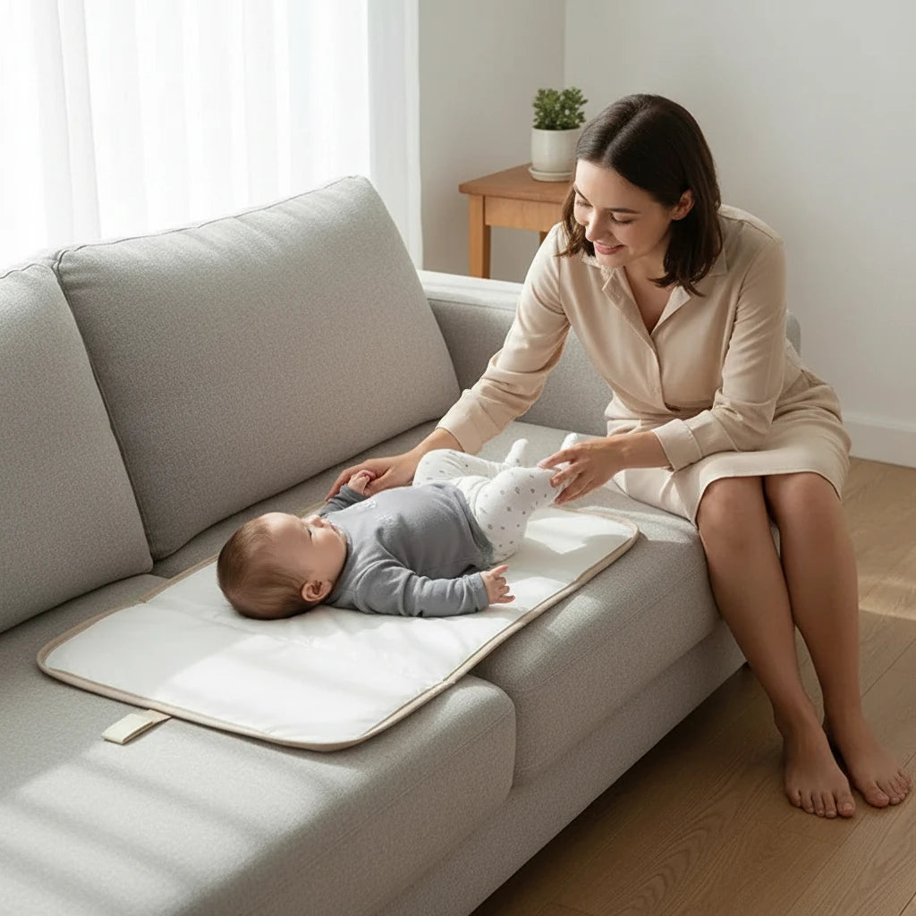 maman qui change son enfant sur un canapé
