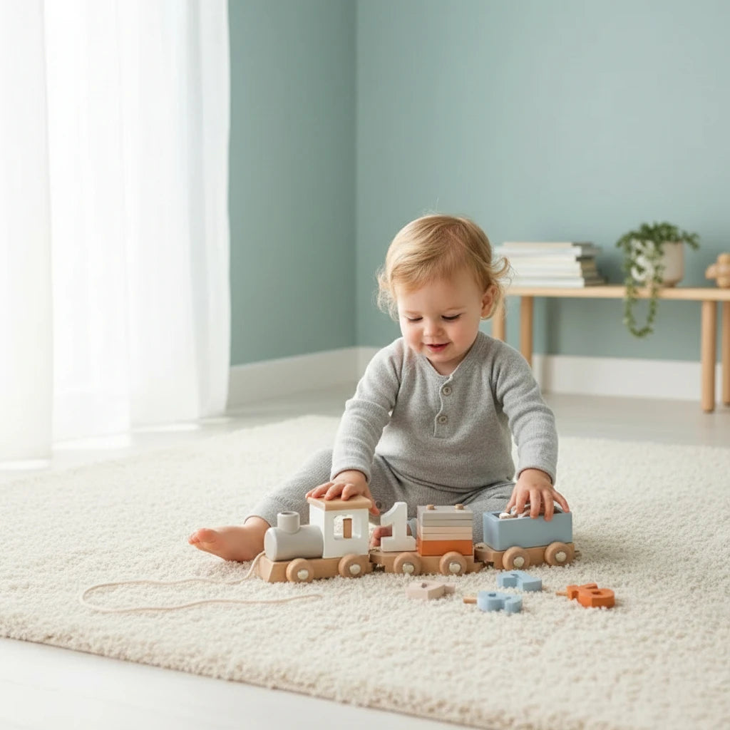 Bébé jouant avec un train Montessori en bois Boobo