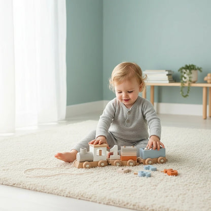 Bébé jouant avec un train Montessori en bois Boobo